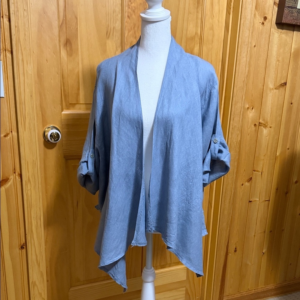 Gigi Moda Italy Light Blue Linen Open Front Women’s Cardigan Shrug, Size Large.